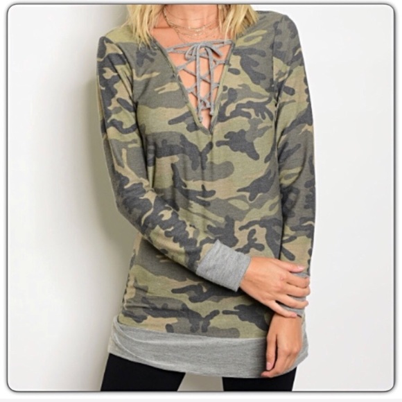 Camo Lace Up Tunic Top XS/S NEW sold - Picture 3 of 4